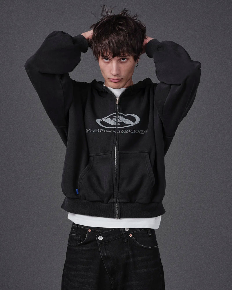 WAVY ARMS ZIPPED HOODIE BLACK